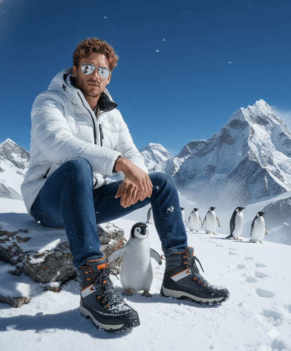 Gemini Generated Image: A man in a white puffer jacket, jeans, and hiking boots sits on a snowy rock, wearing mirrored sunglasses. He is surrounded by a mountainous, snowy landscape and there are several penguins nearby, one standing right in front of him.