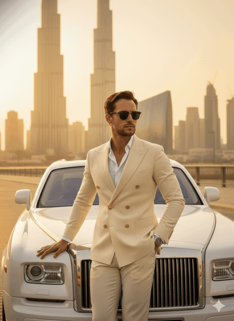 Gemini Generated Image: a stylish man wearing a cream-colored suit and sunglasses. He is standing in front of a white luxury car. In the background, there are very tall skyscrapers, likely in Dubai, bathed in warm, golden sunlight.
