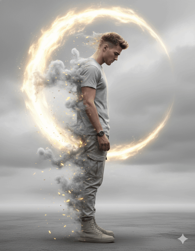 Gemini Generated Image: A man in a light outfit is dissolving into smoke and sparks from the left side, standing against a gray sky. Behind him is a bright, fiery, circular ring of light.