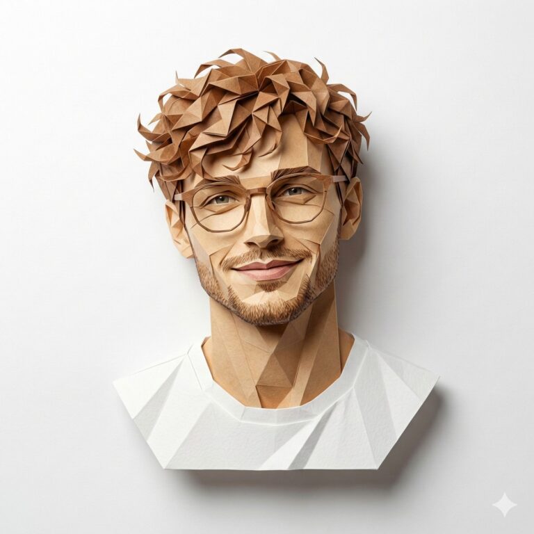 Gemini AI Generated 3D paper craft portrait of a smiling man with curly brown hair and glasses.