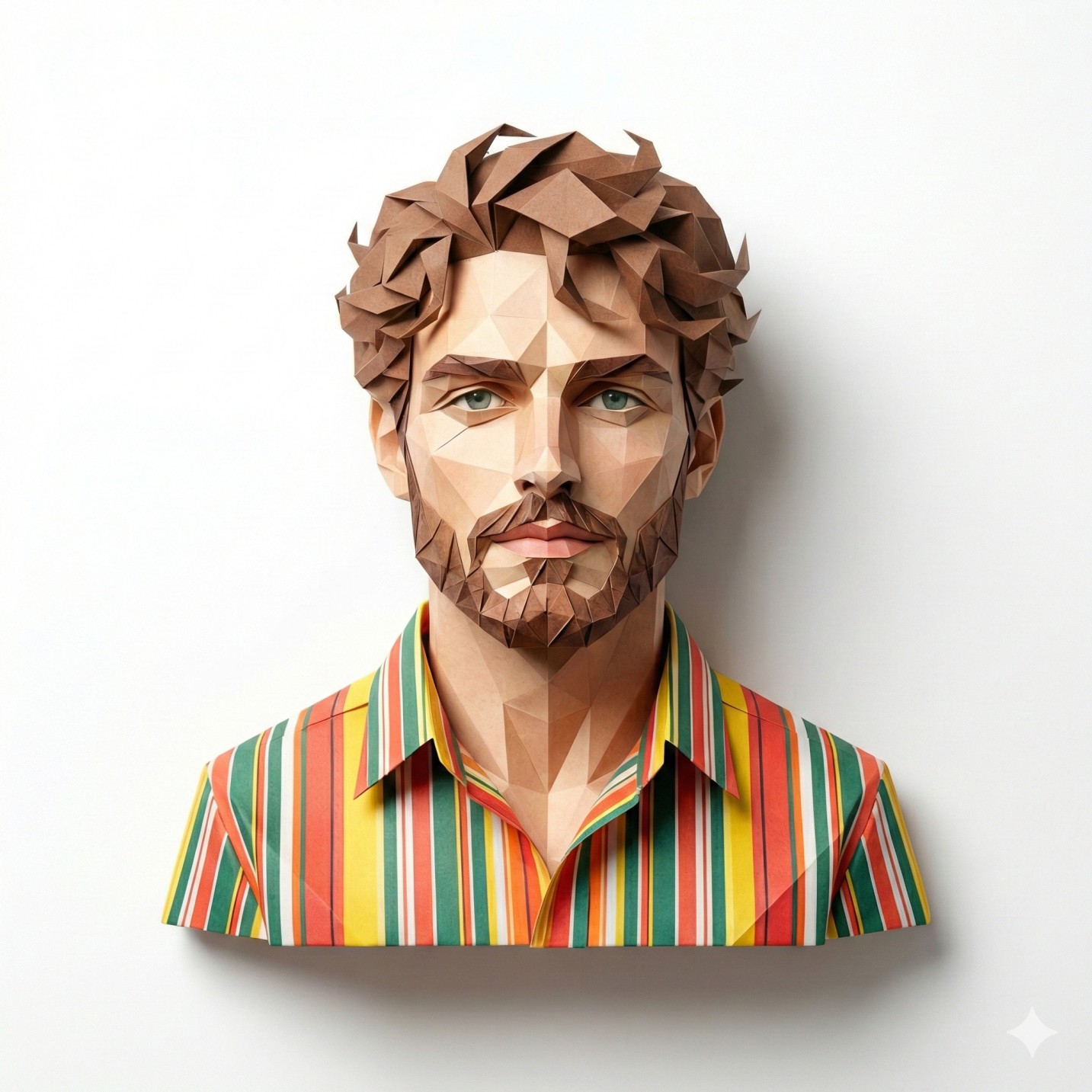 Gemini AI Generated papercraft-style bust of a bearded man in a colorful striped shirt against a white background.