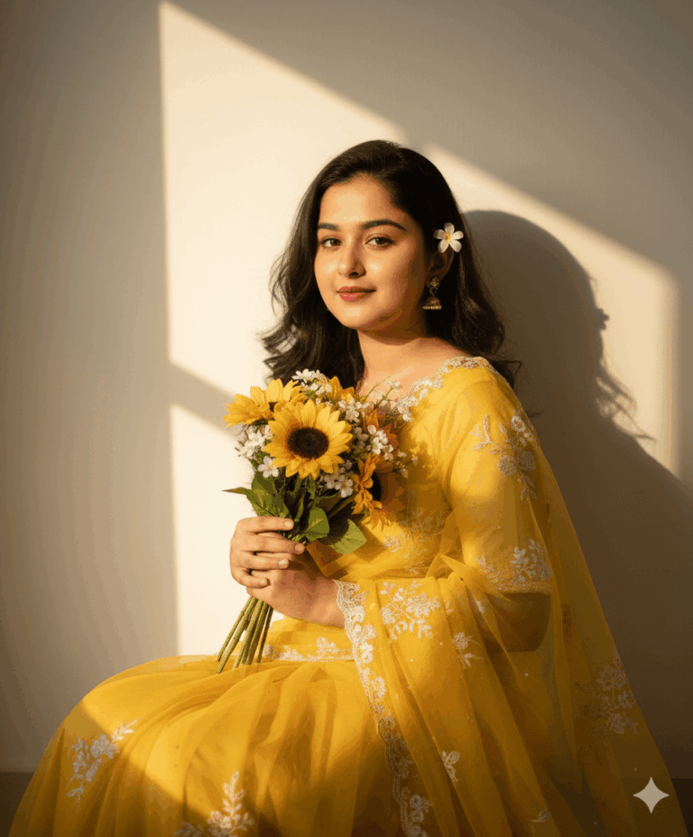 AI Generated image of "Beautiful young women in yellow saree, holding flowers"