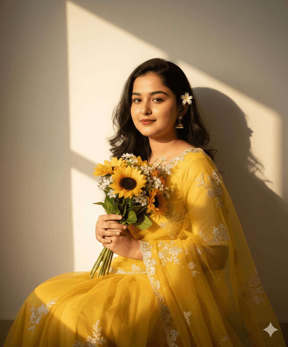 AI Generated image of "Beautiful young women in yellow saree, holding flowers"