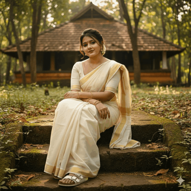 "Traditional kerala-style off-white cotton kasavu saree women" Ai Generated image