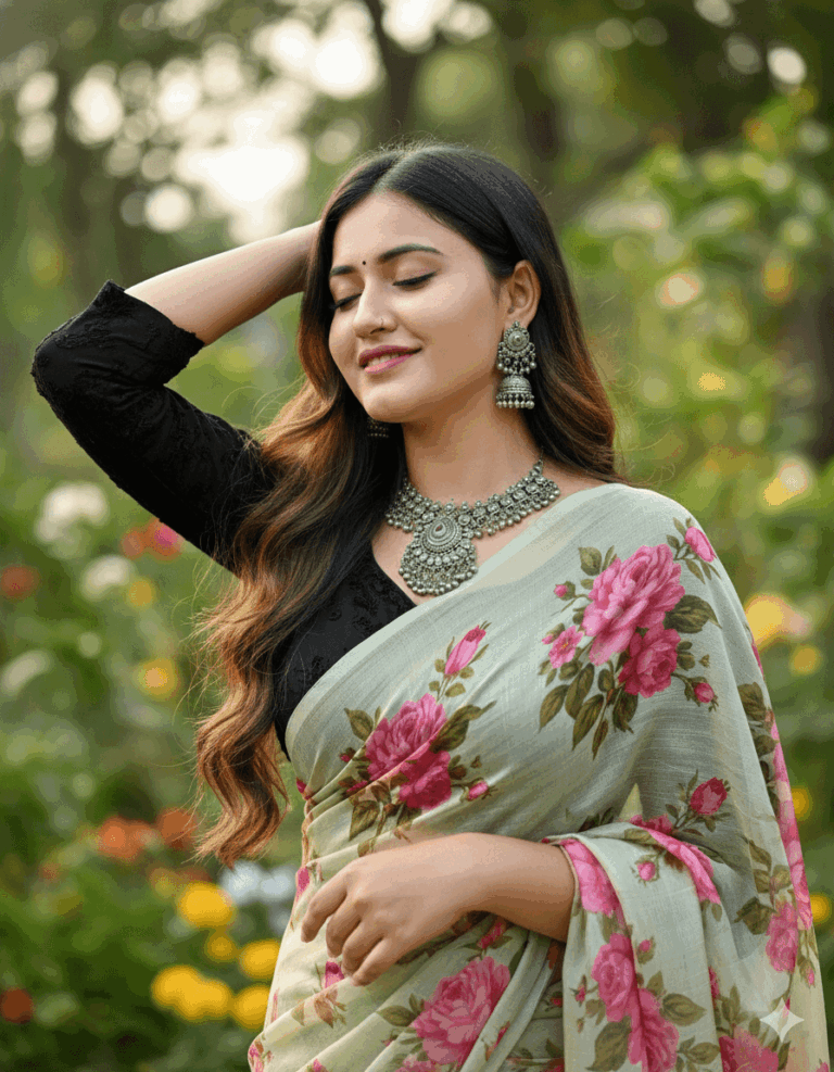 Ai generated image of women in black blouse, pale green and white saree