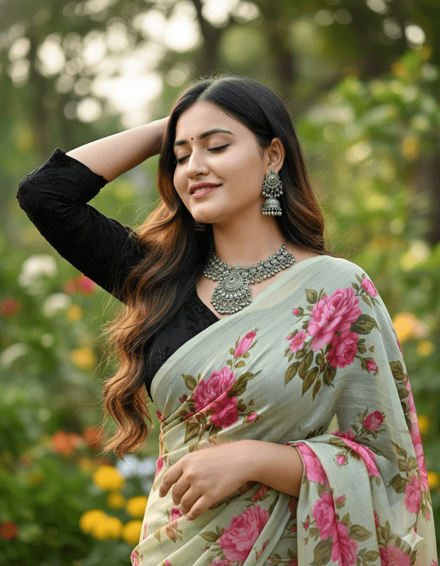 Ai generated image of women in black blouse, pale green and white saree