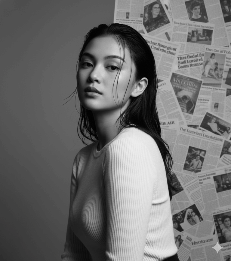 Ai generated image of a black and white women with half plan and half newspaper background