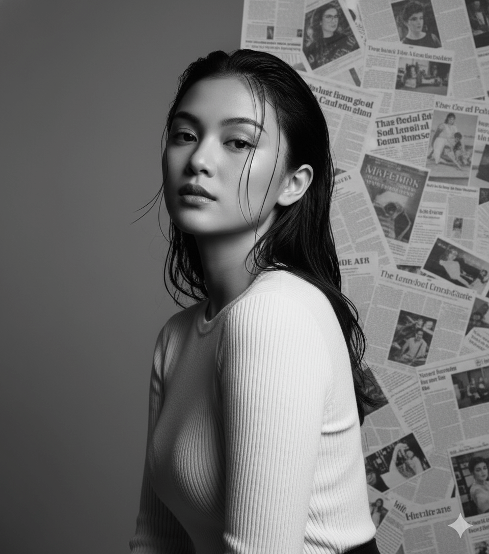 Ai generated image of a black and white women with half plan and half newspaper background