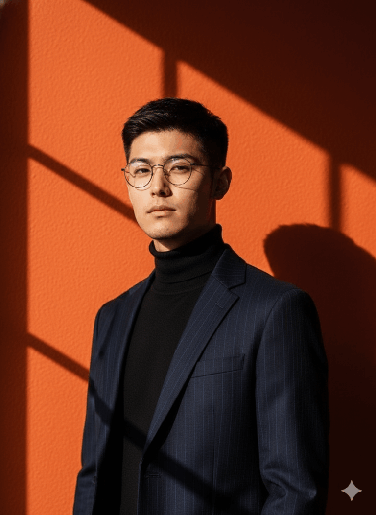 AI generated image of Man stands against a vibrant orange wall with dramatic shadows cast