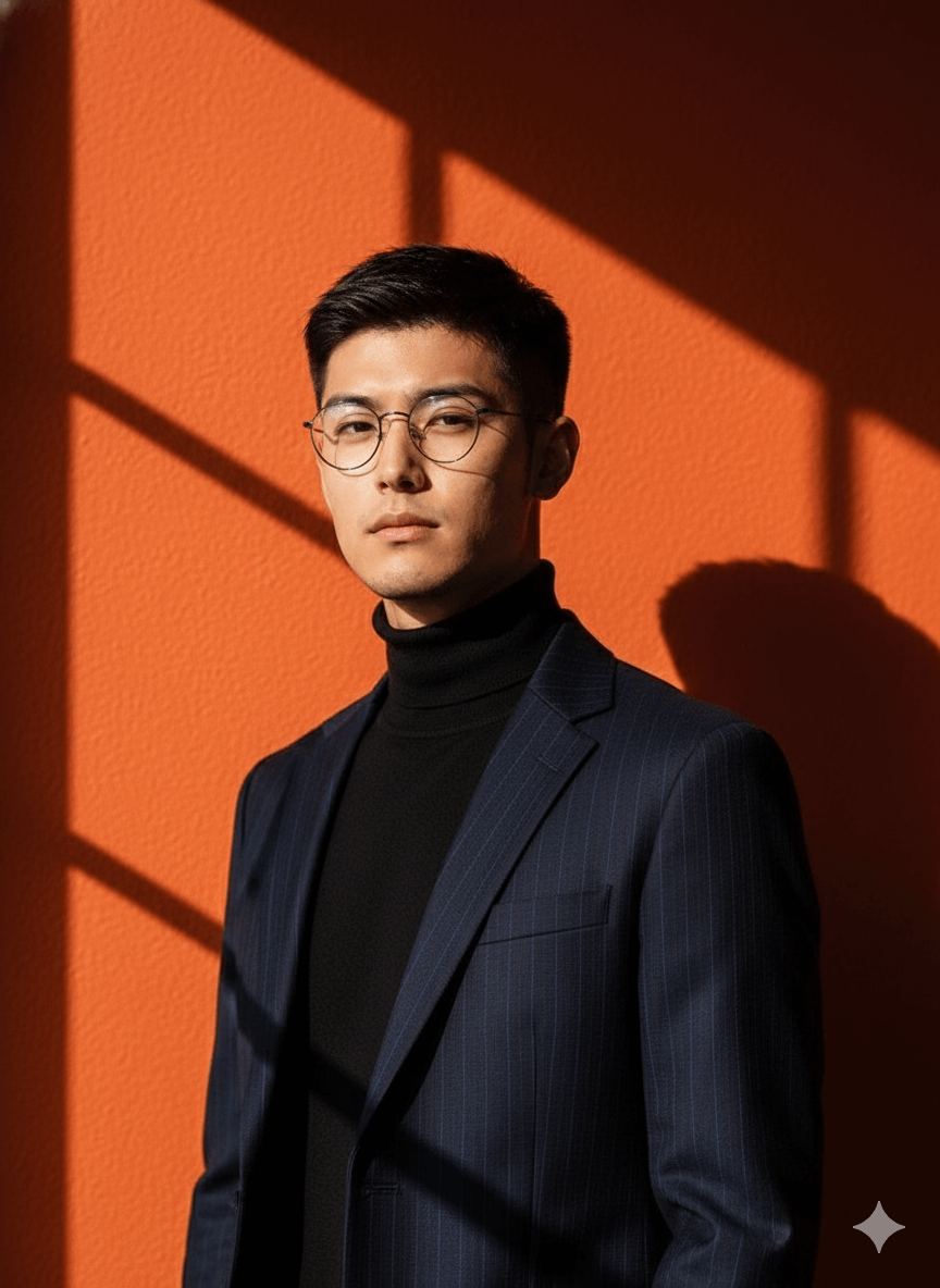 Result 1 for Man standing in front of orange wall AI Photo Editing Prompt