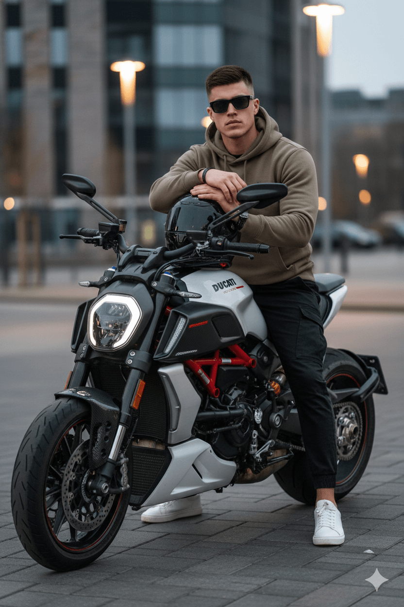 Ai generated image of a Man sits on Ducati XDiavel V4 motorcycle