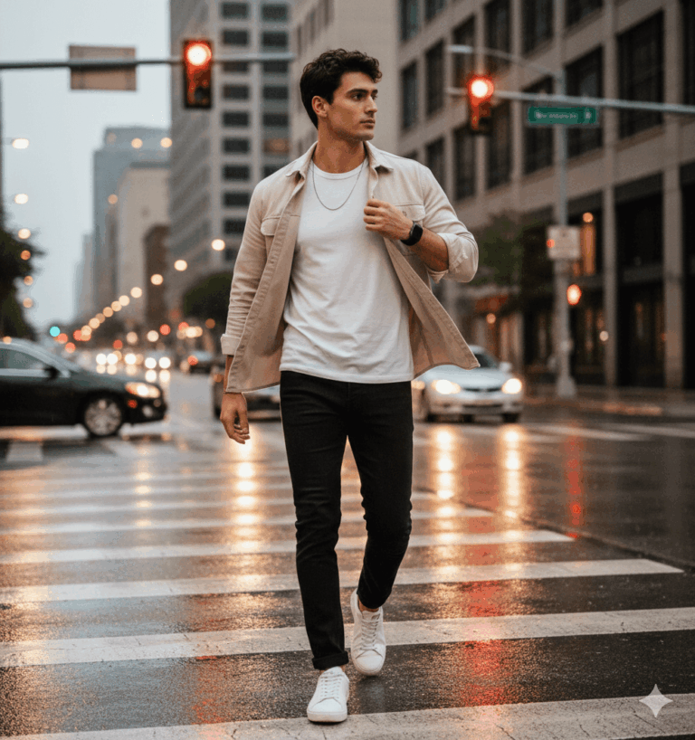 Ai generated portrait of a male character walking confidently across a busy city crosswalk