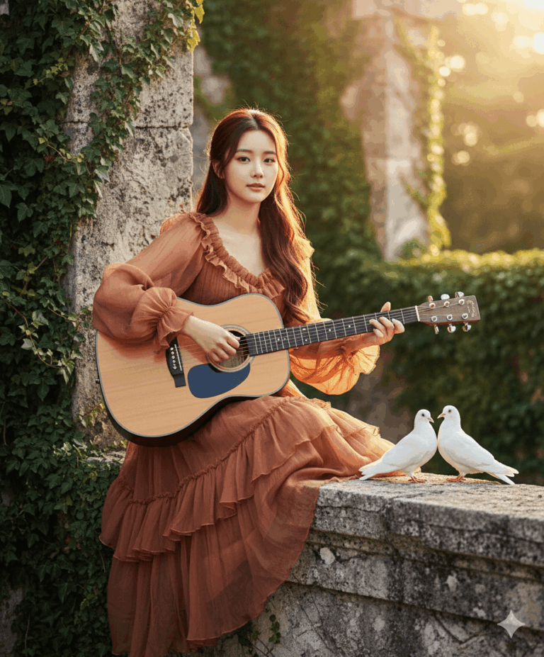 Gemini generated image: A young woman wearing a flowing, ruffled, brown dress sits on a mossy stone wall, playing an acoustic guitar, illuminated by warm sunlight, with two white doves perched beside her.