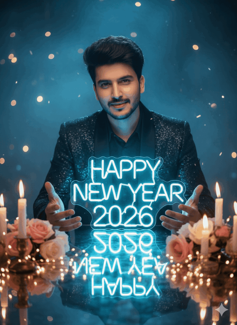 Ai generated: A highly cinematic, ultra-realistic portrait of a man in a dark festive suit sitting at a candlelit table, presenting a bright icy-blue neon sign that reads "HAPPY NEW YEAR 2026," set against a dreamy blue background with golden bokeh lights