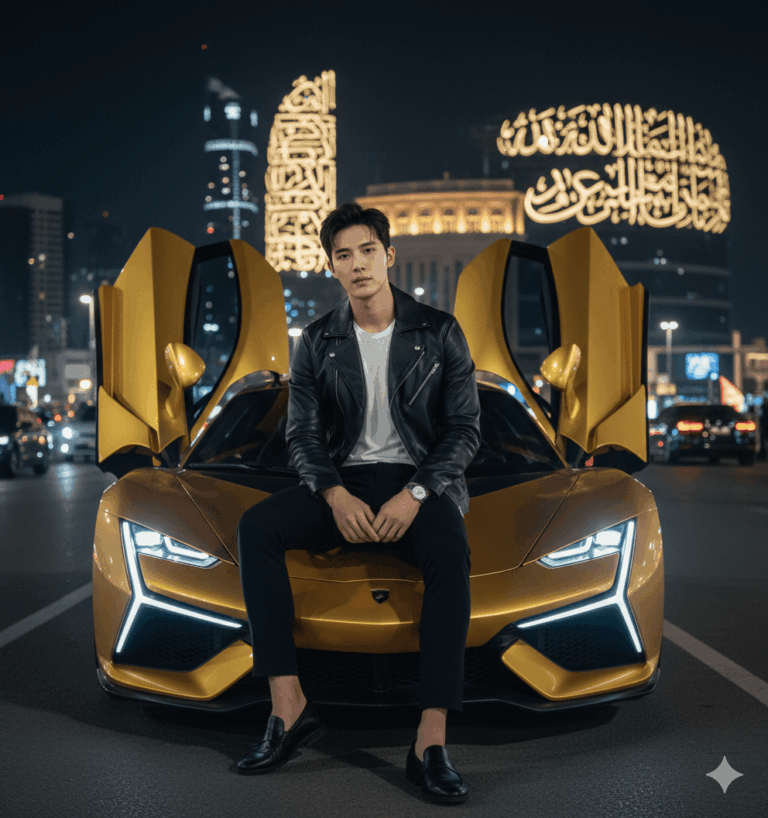 AI generated image: A stylish young man posing confidently in front of a luxury golden supercar with butterfly doors open at night, modern city lights glowing in the background