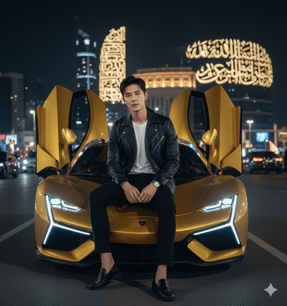 AI Generated result for: Stylish man with golden supercar