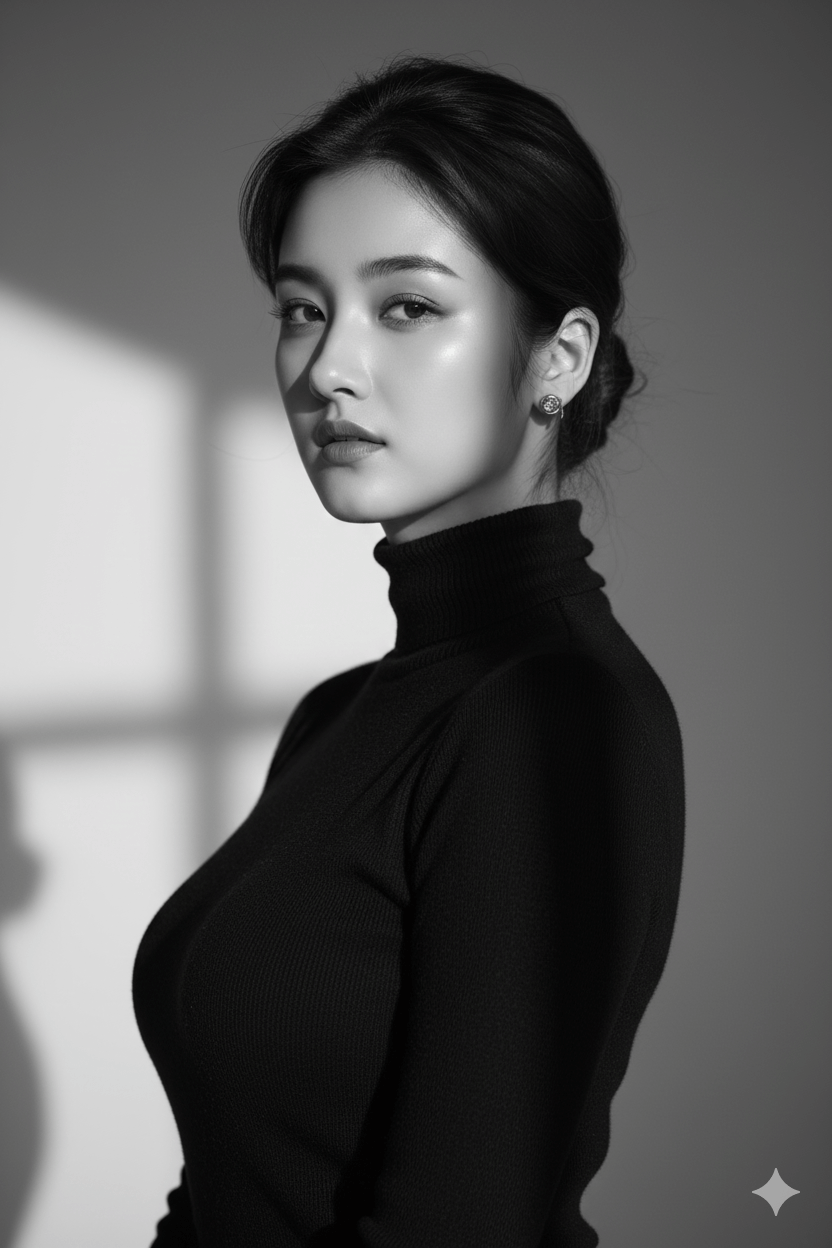 Gemini generated, A striking black and white portrait features a woman with her hair pulled back, wearing a black turtleneck and an earring, looking directly at the camera with strong shadow and light contrast on a gray background.