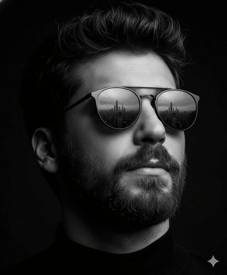 Ai generated image: man wears round, reflective sunglasses, black and white with high-contrast cinematic lighting from the side, highlighting the contours of his face and beard, casting deep shadows