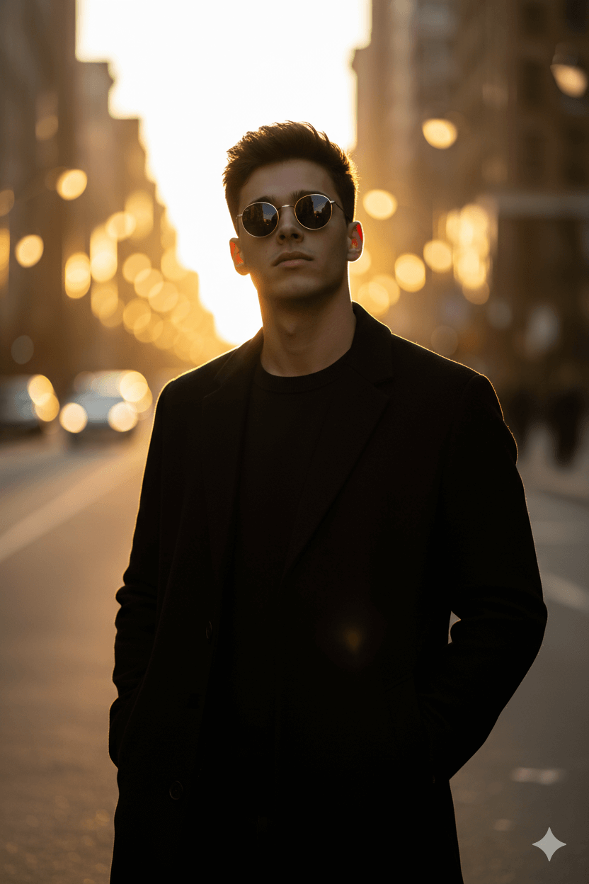 Ai Generated image of a man, street style portrait in an urban environment at golden hour, with a dynamic, confident, warm, cinematic atmosphere