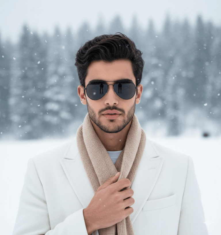 Ai generated image: A sharply dressed young South Asian man in a white coat, beige scarf, and black aviator sunglasses, with a composed expression, is centrally featured in a snowy outdoor setting while holding his scarf