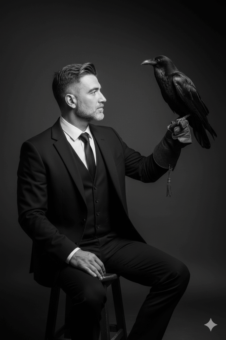 AI Generated cinematic, ultra-realistic black-and-white studio portrait shows a man in a formal black suit seated in profile, holding a large raven perched on his gloved, raised hand, all rendered with rich tonal contrast and soft, directional lighting