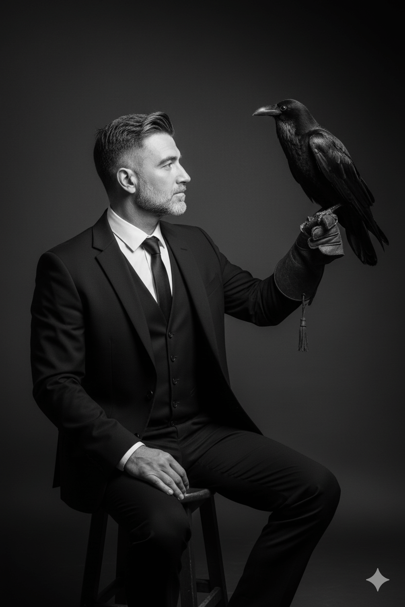 AI Generated cinematic, ultra-realistic black-and-white studio portrait shows a man in a formal black suit seated in profile, holding a large raven perched on his gloved, raised hand, all rendered with rich tonal contrast and soft, directional lighting