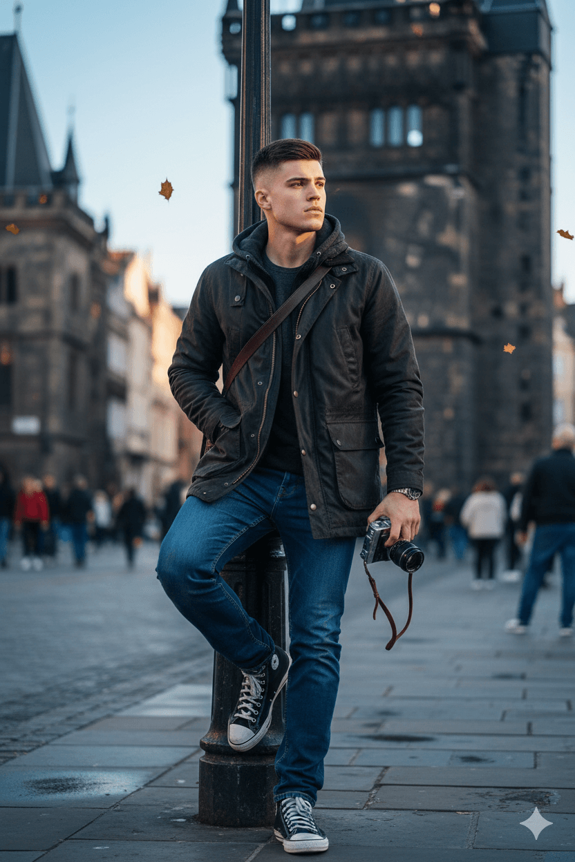 Ai Generated: A photorealistic, high-end street-photography portrait features a male traveler with a camera, leaning casually against a lamppost in front of a historic stone tower, captured with shallow depth of field, cinematic lighting, and a cool-toned edit