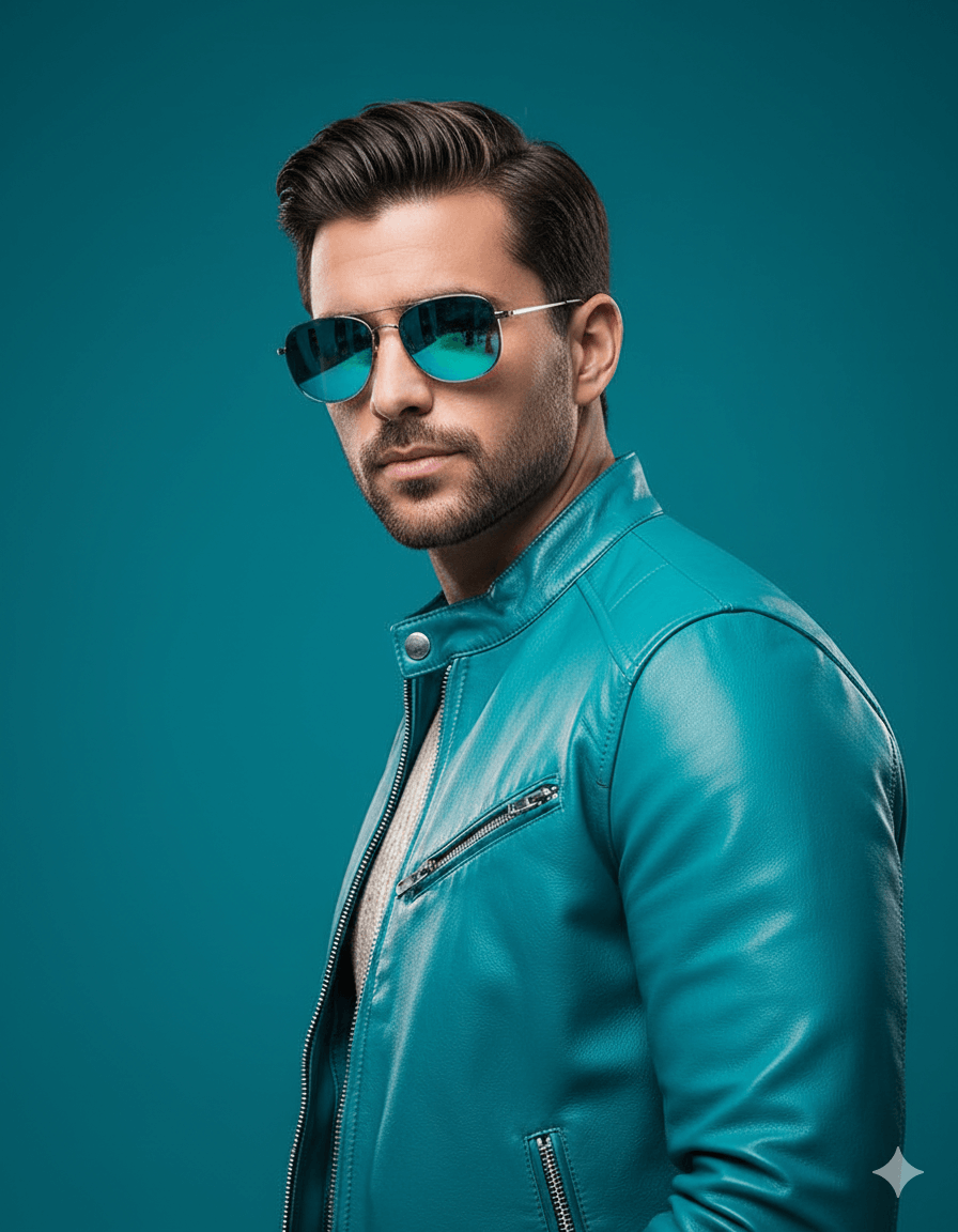 Gemini Ai generated image of A stylish man with dark hair and a beard, wearing a turquoise leather jacket and mirrored teal sunglasses, gazes confidently at the viewer against a monochromatic turquoise background.
