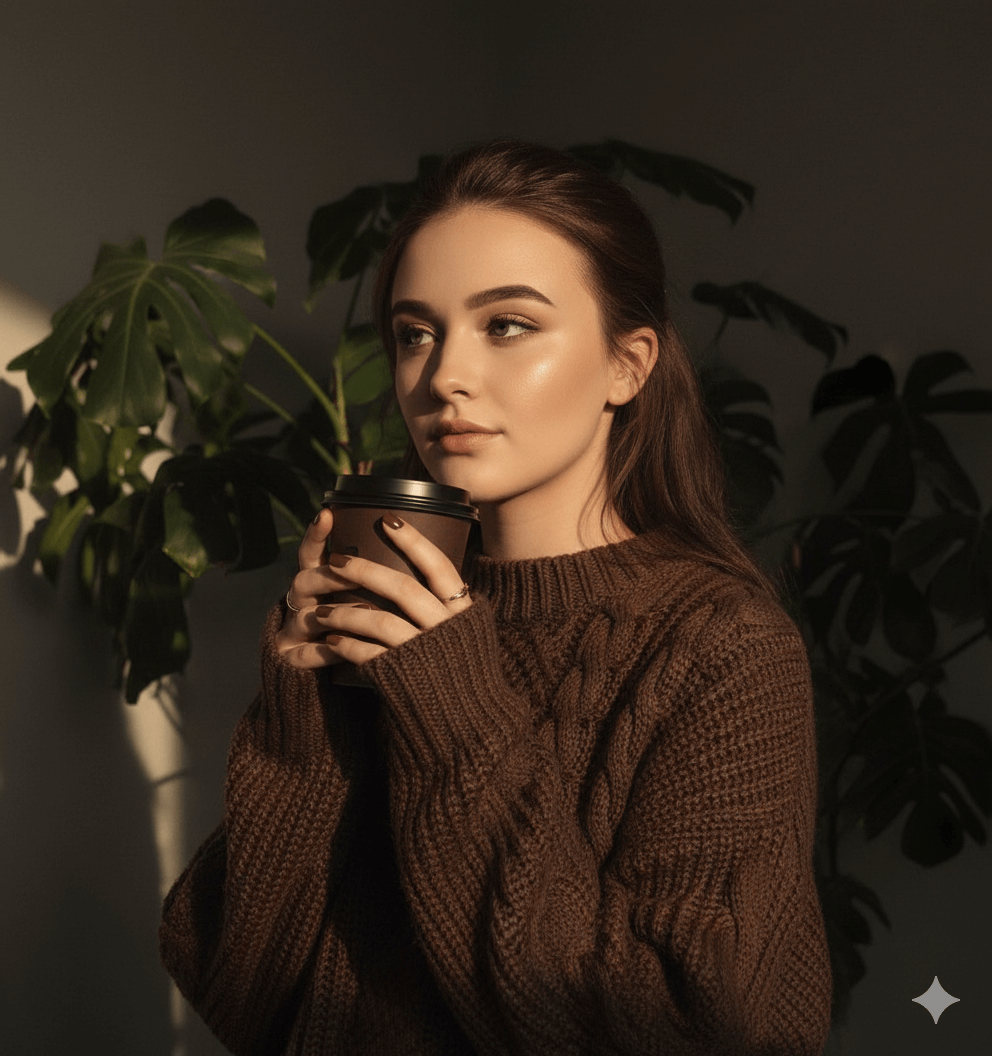 Result 1 for Pensive woman holding coffee AI Photo Editing Prompt