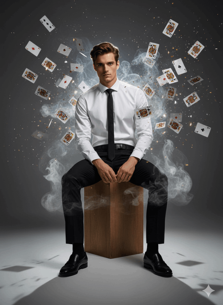 Gemini Generated Image: A sharply dressed man in a white dress shirt and black tie sits on a wooden block, gazing directly at the viewer as playing cards explode around him in a cloud of smoke and light.
