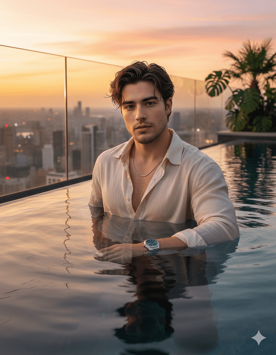 Gemini Ai Generated cinematic portrait of a young man relaxing in an infinity pool at a rooftop penthouse, overlooking a breathtaking sunset city skyline