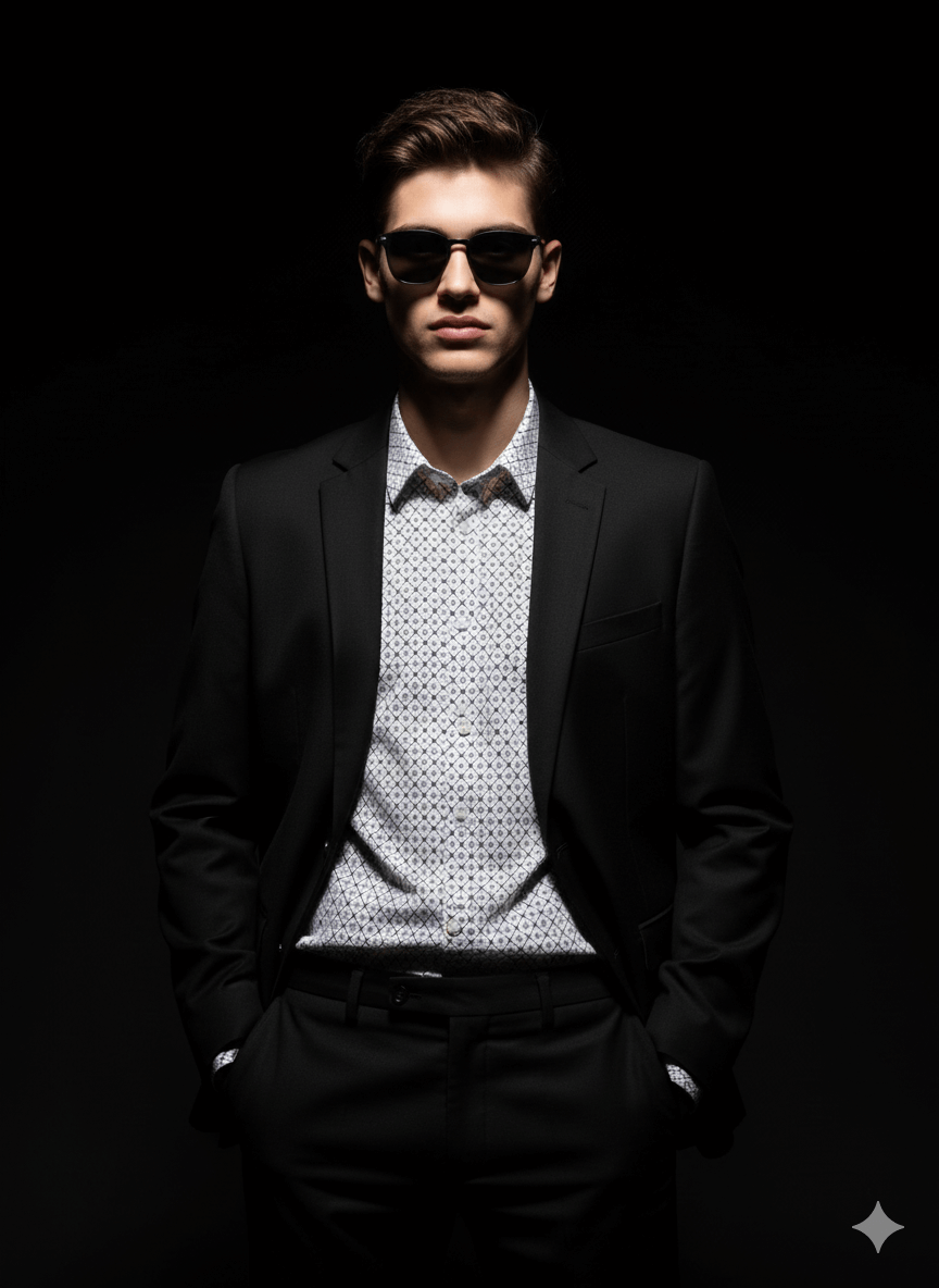 Ai generated image of a man in black suit and shadow