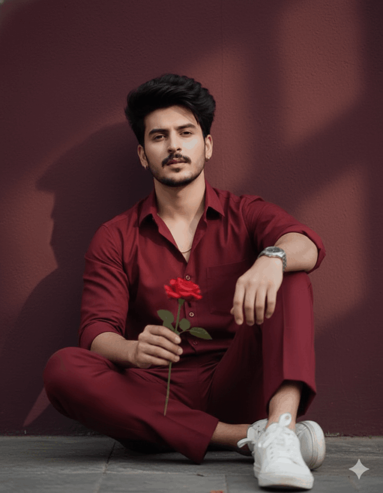 Ai generated image of a boy sitting on the ground in a stylish pose against a solid deep wine-colored wall, with deep shadows creating a 90s movie and romantic, windy environment