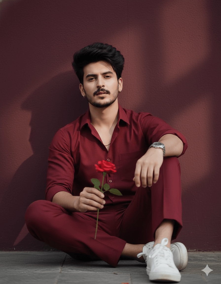 Ai generated image of a boy sitting on the ground in a stylish pose against a solid deep wine-colored wall, with deep shadows creating a 90s movie and romantic, windy environment