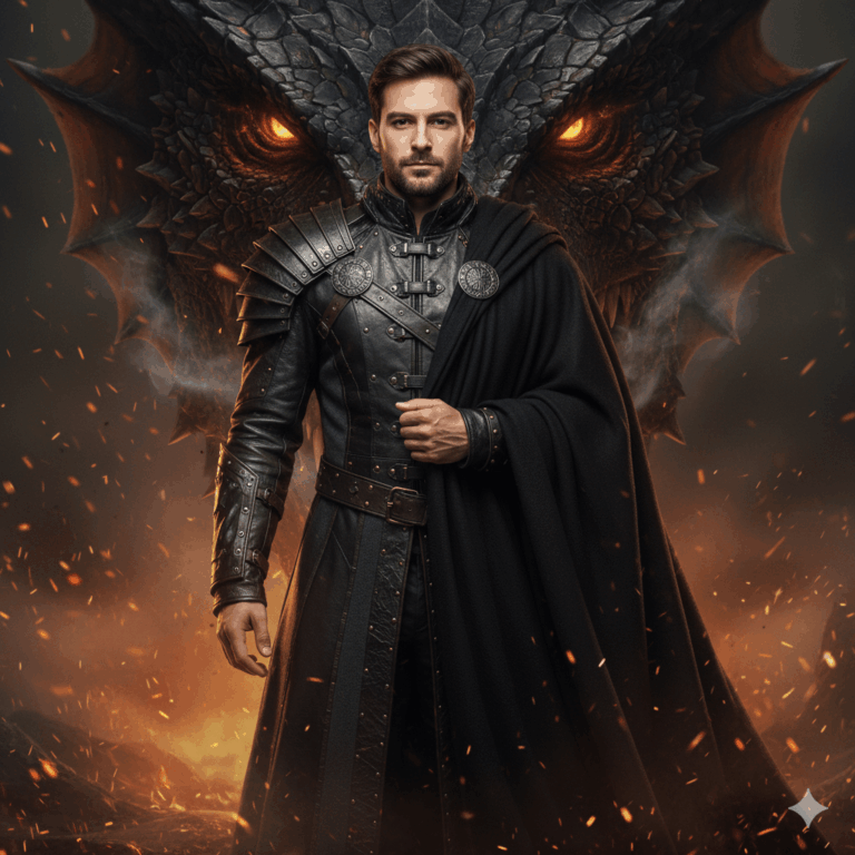 Gemini Generated Image: A formidable man in dark fantasy armor and a black cloak stands centered, framed by the menacing, glowing-eyed face of a colossal dragon amid a fiery, smoke-filled, and ember-lit background.
