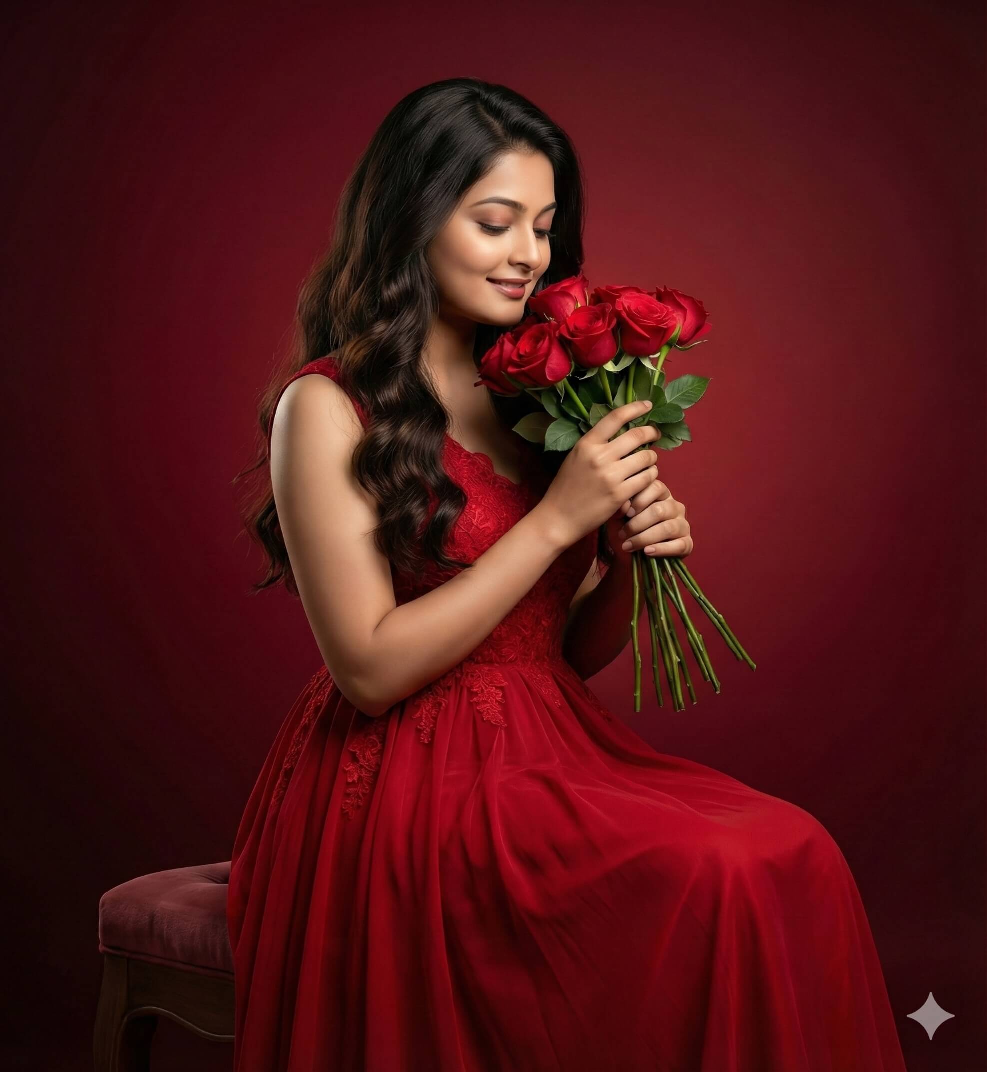 Result 1 for Smiling woman in red gown AI Photo Editing Prompt