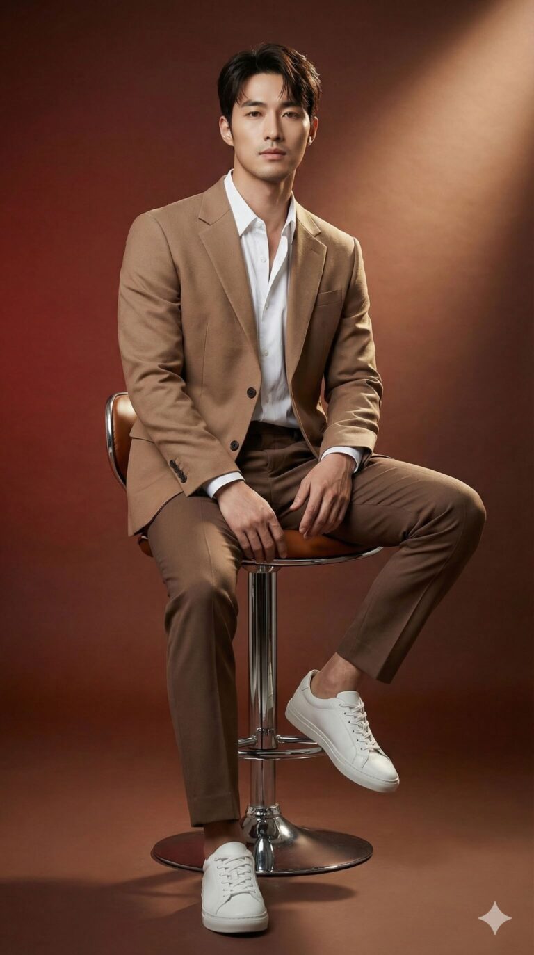 Ai generated image of young man sitting on table with stylish outfit
