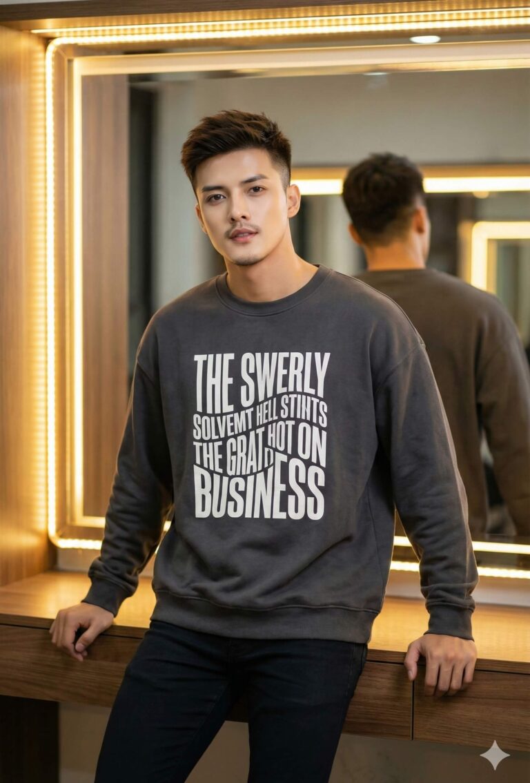 AI generated image: portrait photo of a stylish young man standing casually in front of a modern mirror with warm studio lighting