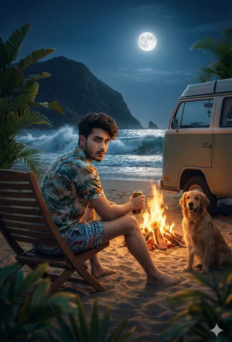 Ai generated image: Young Man On A Beach At Night, Sitting On An Easy Chair By A Bonfire, Intense Look Over Shoulder, Beer Can In Hand