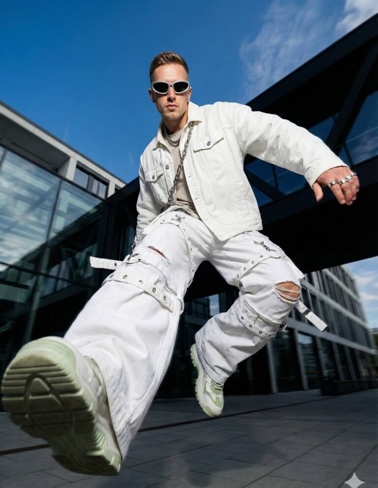 Gemini generated portrait of A stylish man in an all-white streetwear outfit, featuring a denim jacket, ripped and buckled cargo pants, and futuristic sunglasses, jumps dynamically in front of a modern glass and steel building under a bright blue sky.