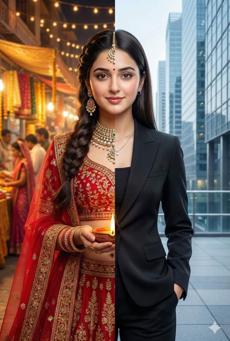 Gemini generated images: composite image portrays a woman split vertically, showing her traditional Indian attire (lehenga, jewelry, and a lit diya) on the left side set against a bustling street market, and her modern professional attire (black blazer) on the right side set against a backdrop of towering city skyscrapers.