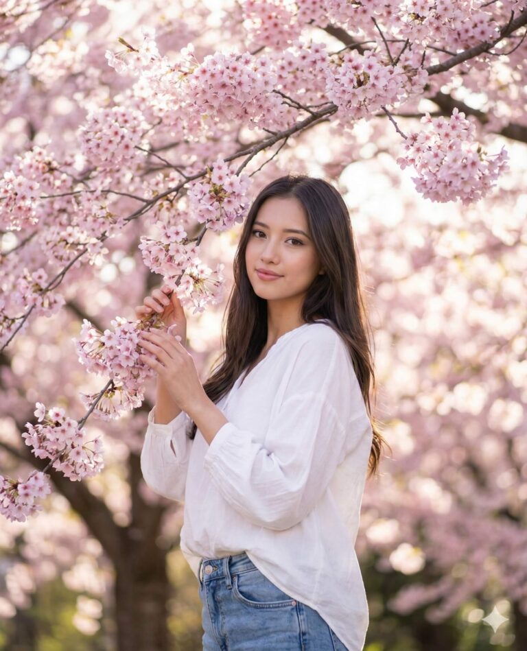 Gemini Generated Image of A beautiful young woman with long dark hair, wearing a white shirt and blue jeans, smiles while gently touching branches of delicate pink cherry blossoms in soft, natural light.