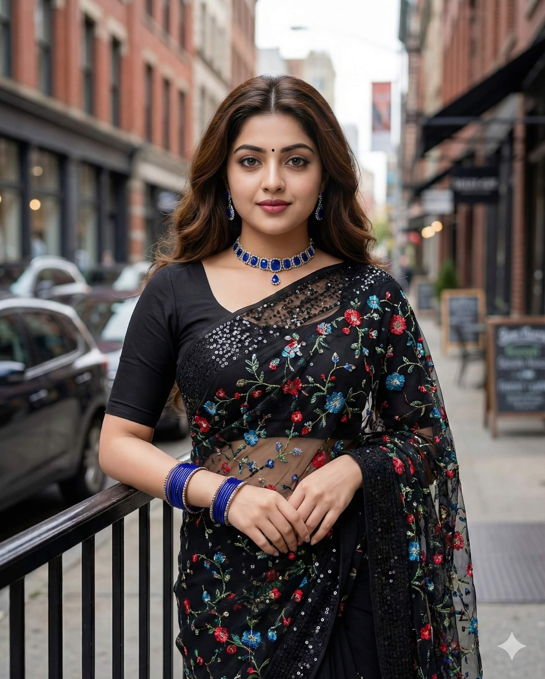 Gemini Generated image of A beautiful woman with long brown hair, adorned in a black sari featuring colorful floral embroidery and sparkling blue jewelry and bangles, stands smiling on a city street beside a black railing