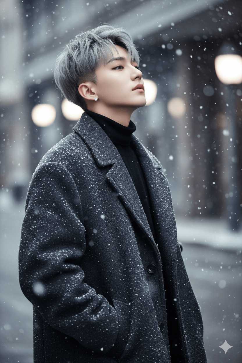 Gemini AI Generated Image: A young man with short, silver-gray hair and an earring stands outside in a snowy environment, wearing a dark gray wool coat over a black turtleneck and looking upward, with blurred street lights visible in the background.
