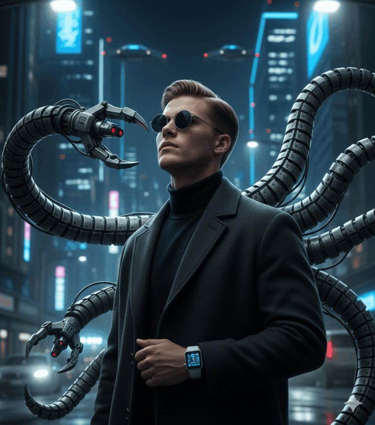 Gemini Generated image of a stylish man in a black turtleneck and overcoat wearing round sunglasses and a smartwatch, standing on a rainy, futuristic city street at night. He is dramatically framed by several metallic, tentacle-like mechanical arms extending from behind him.