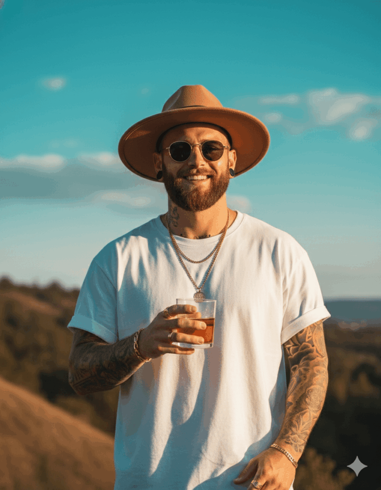 Gemini Generated image of a smiling man outdoors, wearing a wide-brimmed hat, sunglasses, a white t-shirt, and jewelry. He has tattoos on his arms and is holding a glass with an amber drink. The background is a sunny landscape with hills and blue sky.
