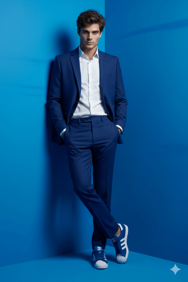 Gemini Generated Image: A fashion portrait shows a handsome young man with dark, wavy hair, standing in a corner against a bright blue wall, wearing a sharp royal blue suit with a white dress shirt and completing the look with casual blue sneakers with white stripes. His hands are in his pockets, and his legs are crossed, giving him a relaxed yet stylish appearance.