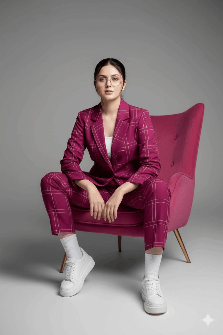 Gemini Generated Image: A woman with dark hair pulled back and wearing glasses is seated confidently in a vibrant pink mid-century modern armchair, wearing a tailored magenta suit with a thin yellow plaid pattern, a white tank top, white crew socks, and chunky white sneakers, all set against a neutral gray background.