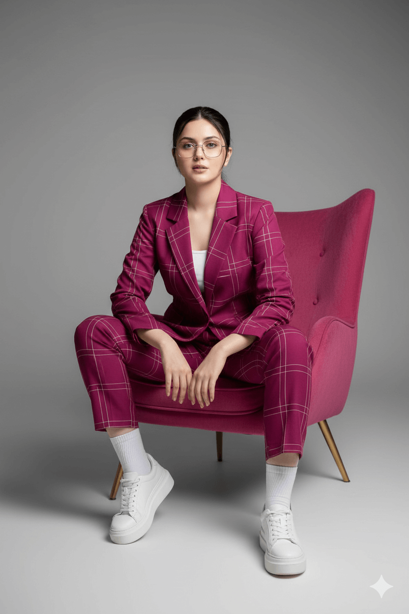 Gemini Generated Image: A woman with dark hair pulled back and wearing glasses is seated confidently in a vibrant pink mid-century modern armchair, wearing a tailored magenta suit with a thin yellow plaid pattern, a white tank top, white crew socks, and chunky white sneakers, all set against a neutral gray background.