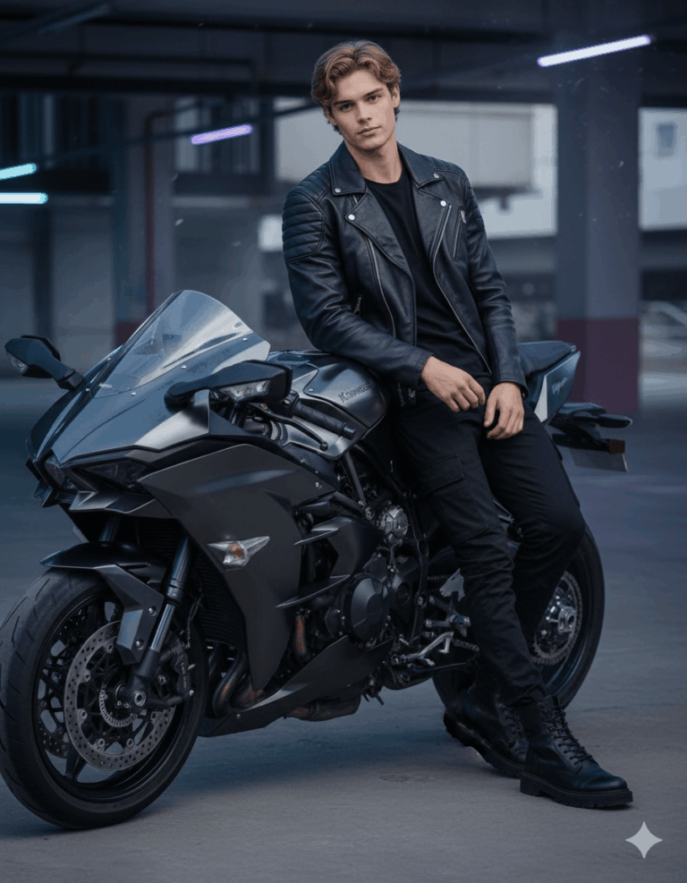 AI Generated Image: A handsome young man in a black leather jacket and black pants is sitting on a dark, sleek sport motorcycle in a parking garage or urban area.